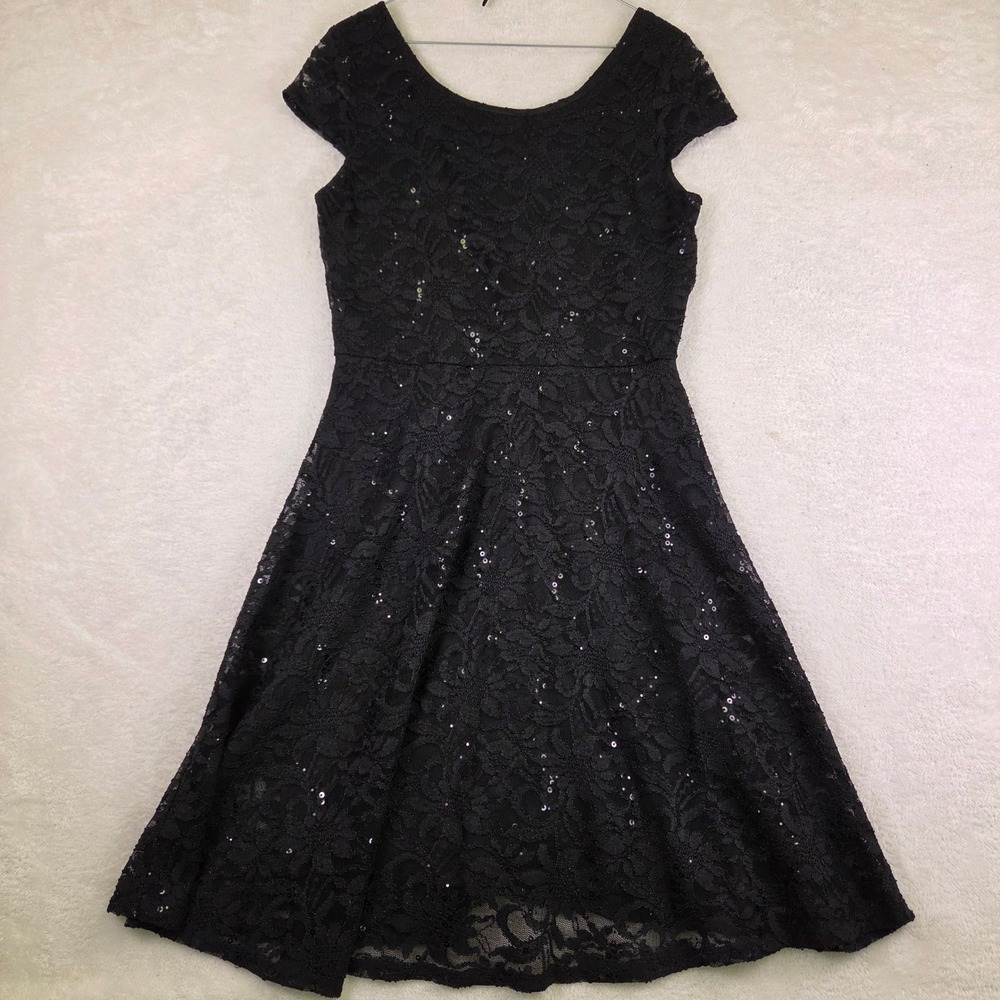 Black Floral Lace Sequin Fit and Flare Dress Cap Sleeve Scoop Neck Midi
